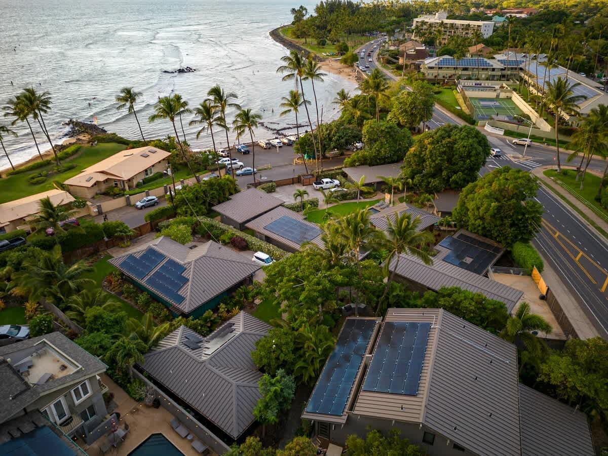 Aerial view of Villas by the Cove and the beach